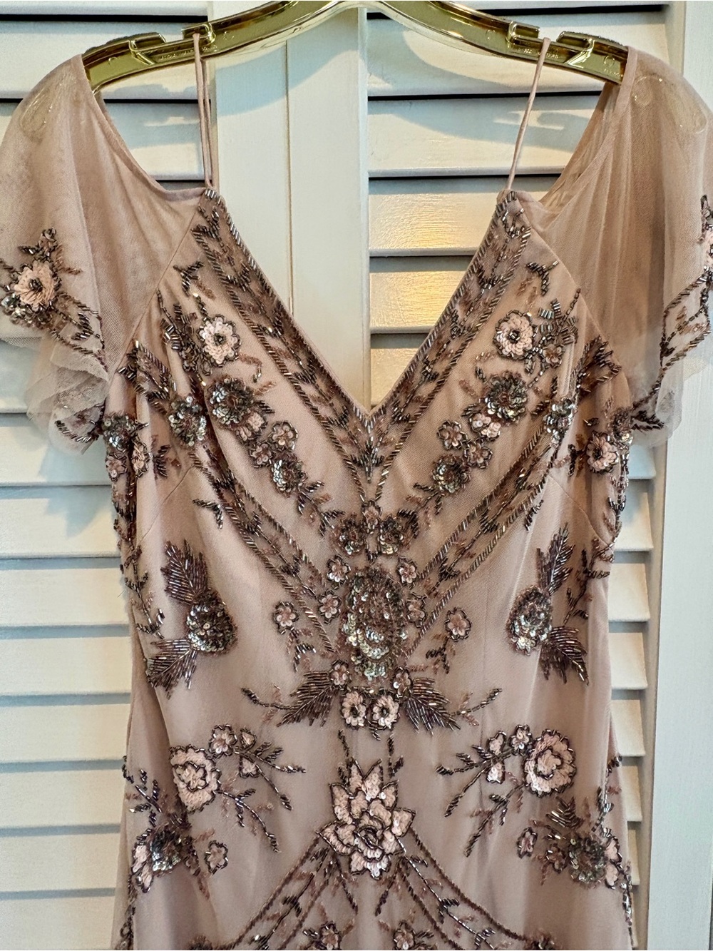 Aidan Mattox Dress Beaded Gatsby Cocktail Nude Champagne Floral Sequin Mesh 4 - Picture 5 of 14